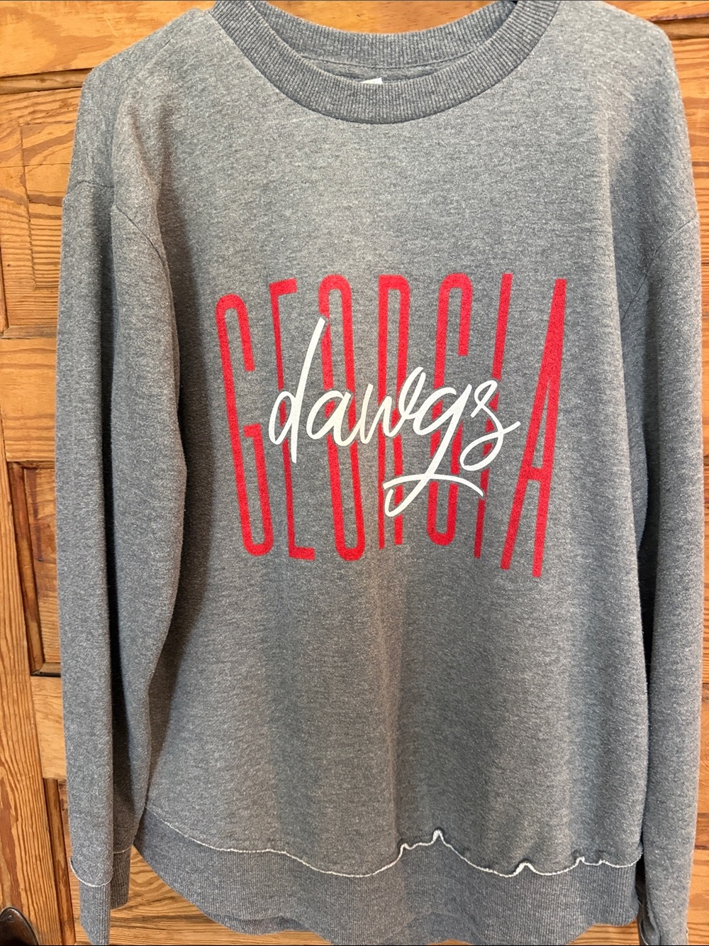 Ladies L Gray Crewneck Sweatshirt with Red Georgia and White Dawgs Script